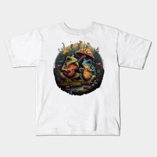 Cottagecore aesthetic frogs playing ukelele on Mushroom Kids T-Shirt